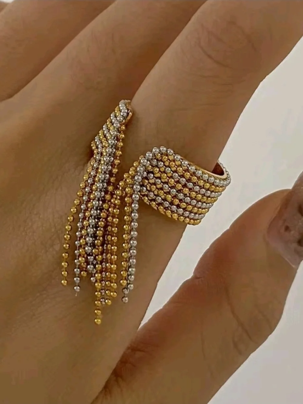 Gold and Silver Beaded Fringe Cuff Rings